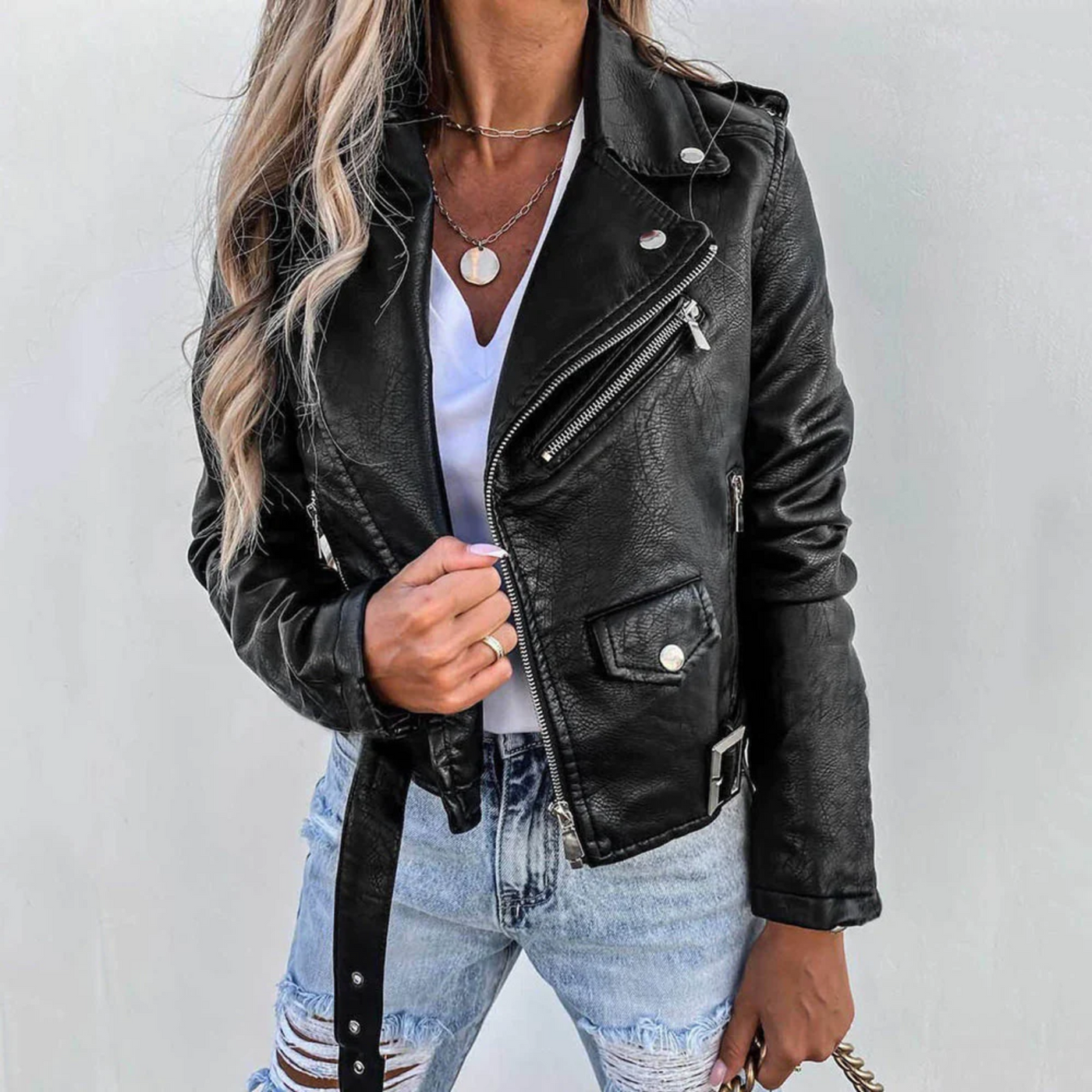 Casual Vegane Lederjacke Mit Reißverschlüssen Für Damen | Perfekt für Casual Tage