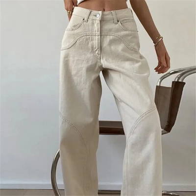 Beige Lässige Schlaghose mit Tiefem Bund und Lockerem Sitz für Damen | Perfekt für den Alltag