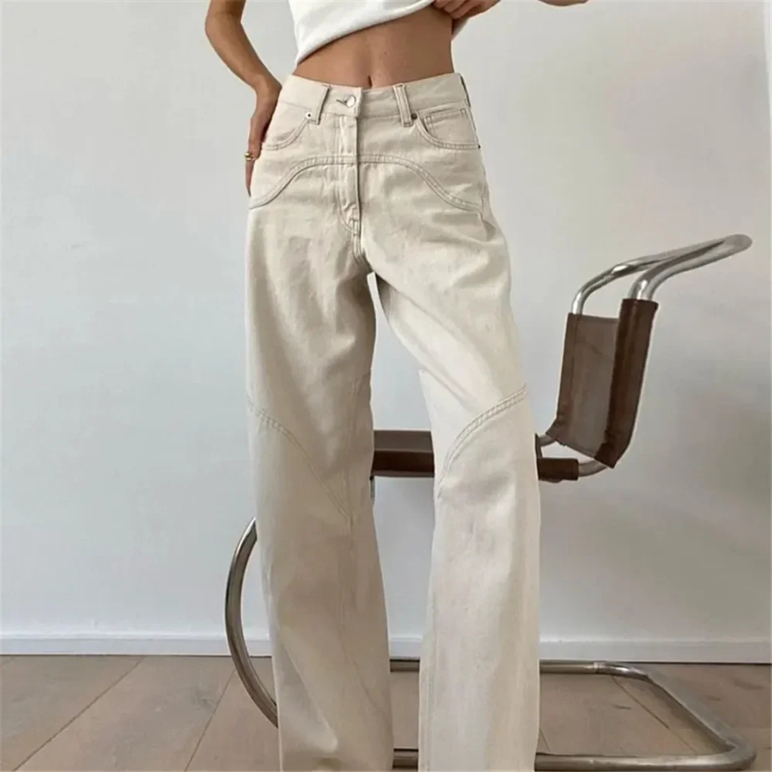 Beige Lässige Schlaghose mit Tiefem Bund und Lockerem Sitz für Damen | Perfekt für den Alltag