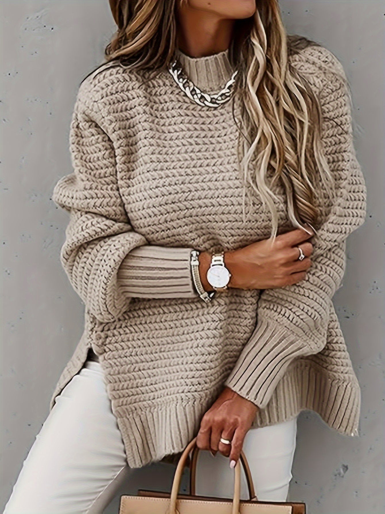 Ausschnitt Baumwoll-Rollkragenpullover mit geteilten langen Ärmeln Pullover Damen | Perfekt für lässige Tage