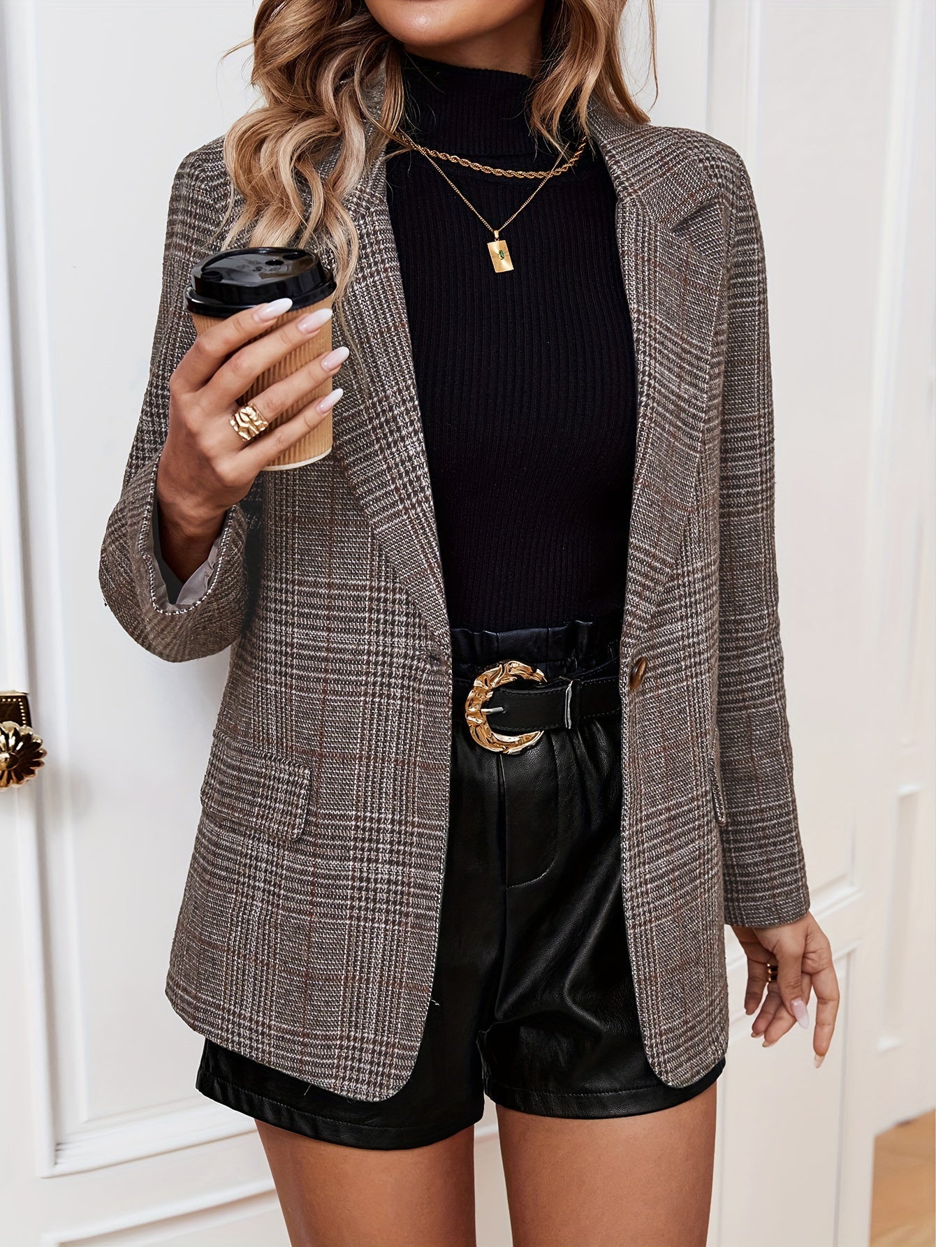 Elegante Business Long Blazer mit Karomuster und Revers für Damen | Ideal für Alle Jahreszeiten