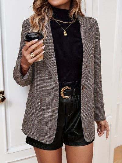 Elegante Business Long Blazer mit Karomuster und Revers für Damen | Ideal für Alle Jahreszeiten