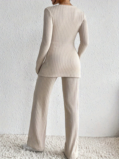 Bequemer Baumwoll V-Ausschnitt Pullover Top & Hosen Outfit Für Frauen | Perfekt für Lässige Tage