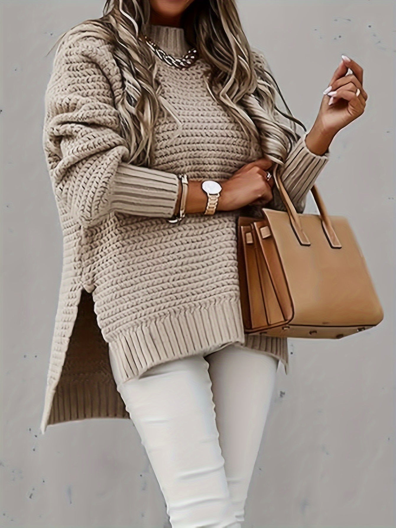 Ausschnitt Baumwoll-Rollkragenpullover mit geteilten langen Ärmeln Pullover Damen | Perfekt für lässige Tage