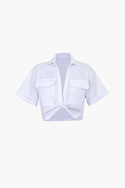 Dena Basic Klappentaschen Twist Saum Shirt | Lockere Passform, Semi-Transparente, Büro-Oberteil, Polyester-Mix
