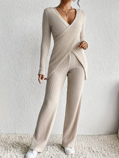 Bequemer Baumwoll V-Ausschnitt Pullover Top & Hosen Outfit Für Frauen | Perfekt für Lässige Tage