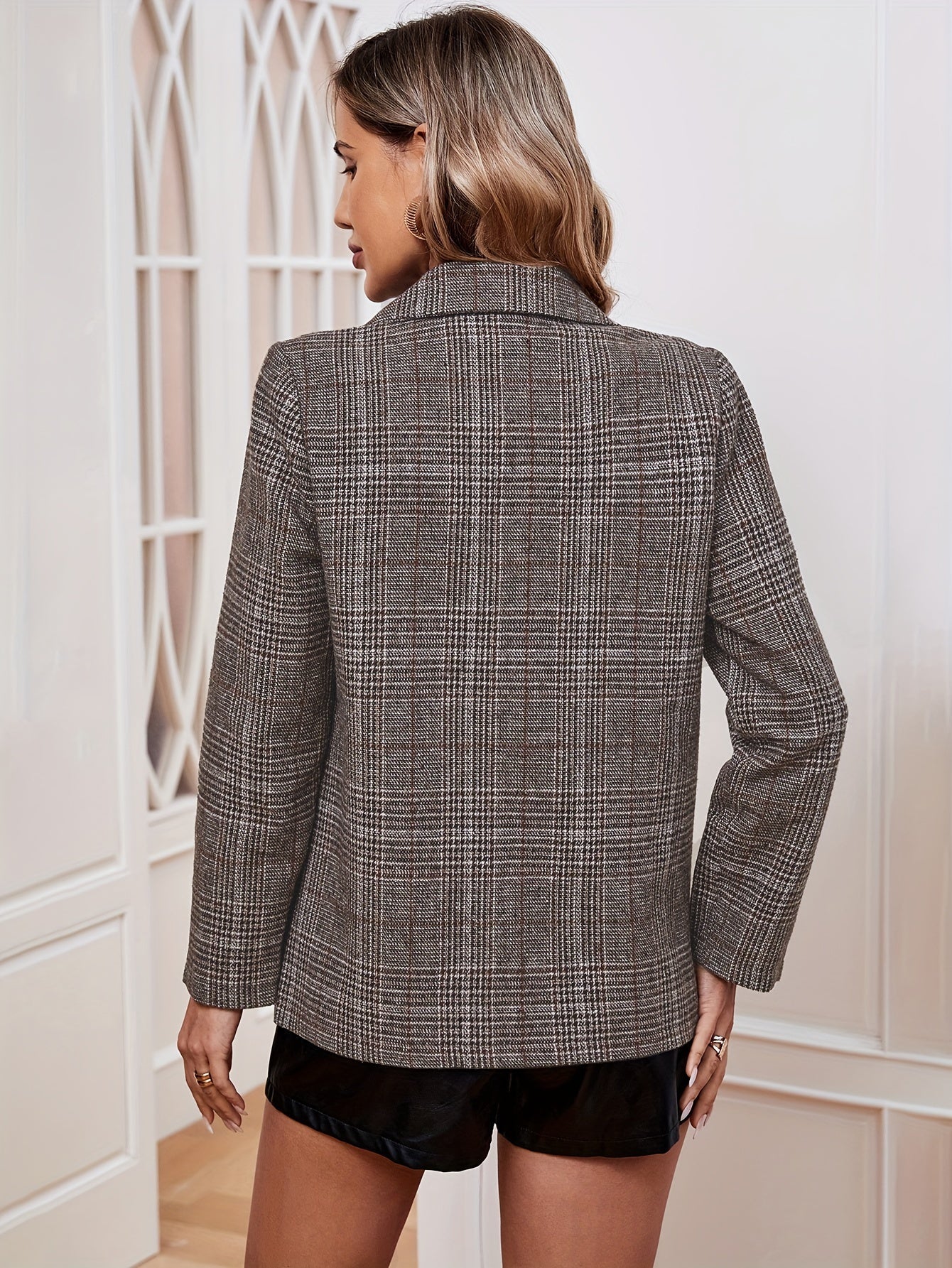 Elegante Business Long Blazer mit Karomuster und Revers für Damen | Ideal für Alle Jahreszeiten