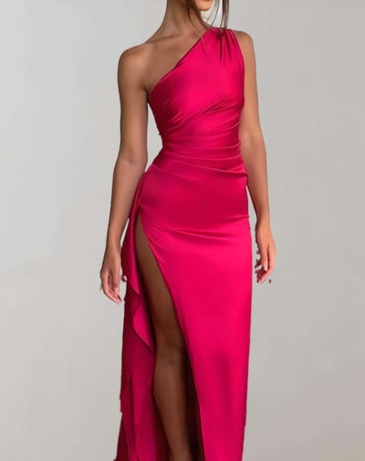Angel - Elegantes Langes Ein-Schulter-Faltenkleid mit hohem Schlitz für Damen | Ideal für Frühling/Sommer