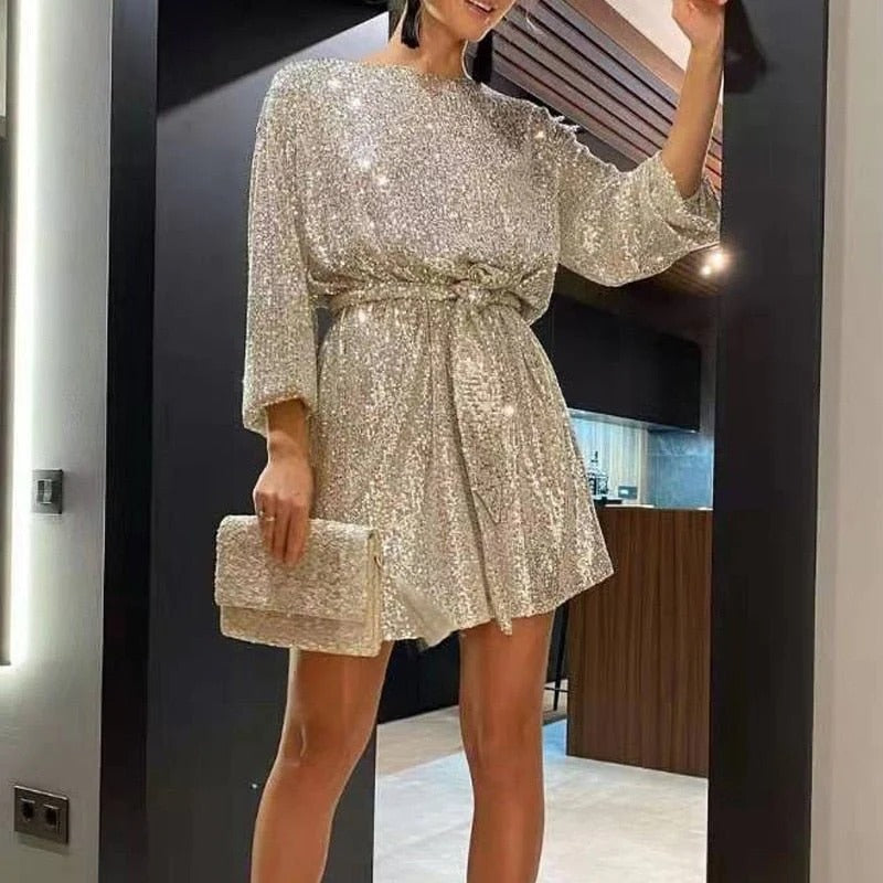 Chic Mini-Party-Kleid Mit Glitzer Und Gurt Für Damen | Ideal für Frühling/Sommer