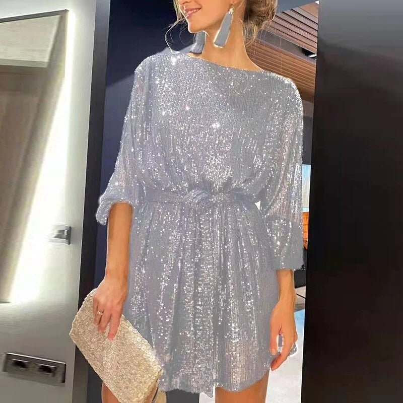 Chic Mini-Party-Kleid Mit Glitzer Und Gurt Für Damen | Ideal für Frühling/Sommer