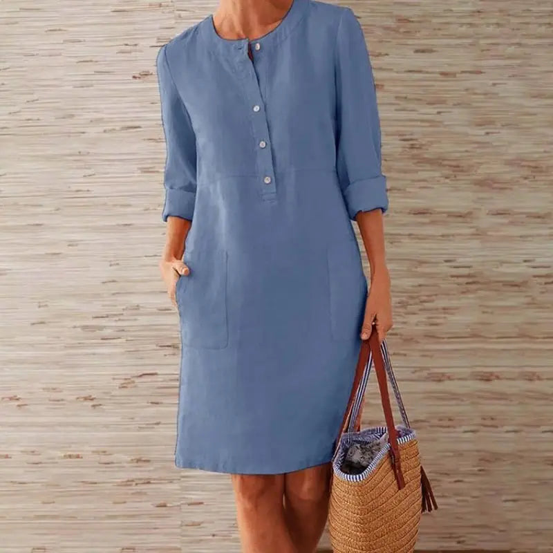 Casual Baumwoll-Leinen Kleid mit Chnöpf für Damen | Ideal für Frühling/Sommer