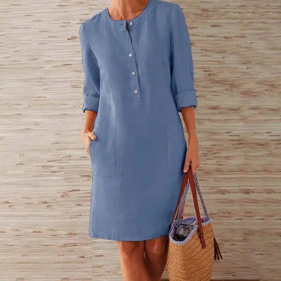 Casual Baumwoll-Leinen Kleid mit Chnöpf für Damen | Ideal für Frühling/Sommer