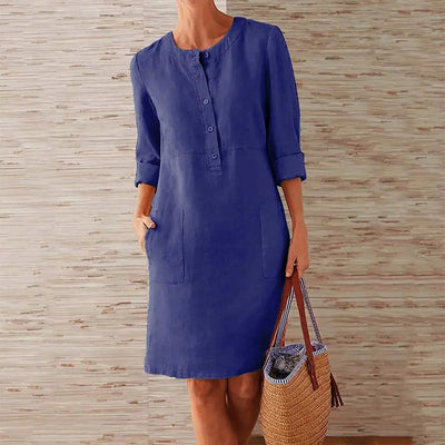 Casual Baumwoll-Leinen Kleid mit Chnöpf für Damen | Ideal für Frühling/Sommer