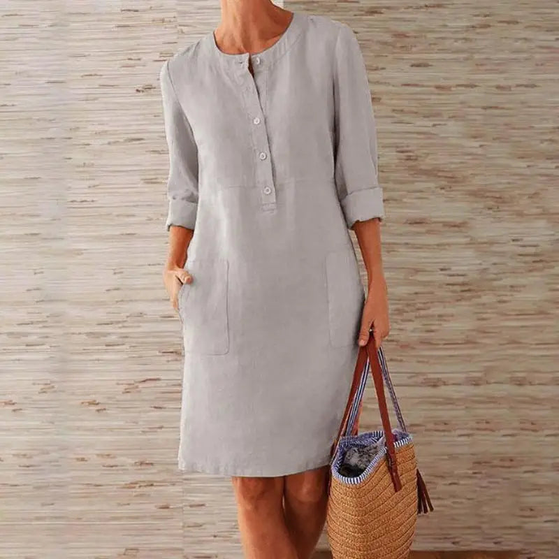Casual Baumwoll-Leinen Kleid mit Chnöpf für Damen | Ideal für Frühling/Sommer