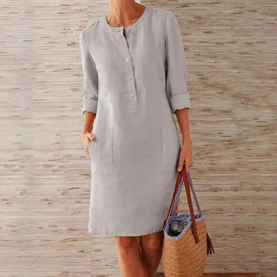 Casual Baumwoll-Leinen Kleid mit Chnöpf für Damen | Ideal für Frühling/Sommer