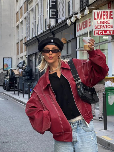 Casual Vintage Übergroße Vegane Lederjacke Für Damen | Ideal für den Alltag