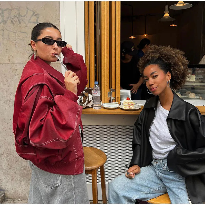 Casual Vintage Übergroße Vegane Lederjacke Für Damen | Ideal für den Alltag