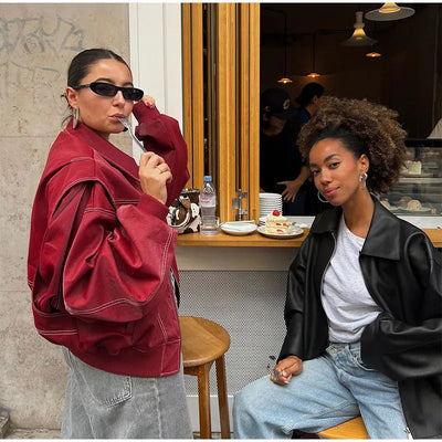 Casual Vintage Übergroße Vegane Lederjacke Für Damen | Ideal für den Alltag