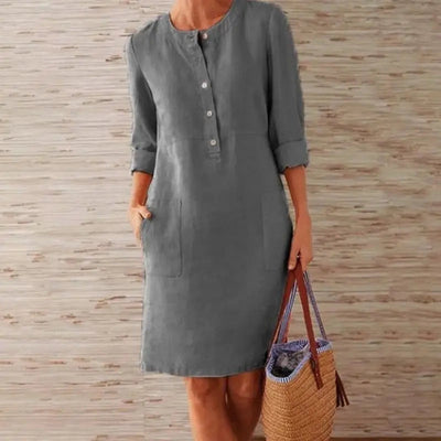 Casual Baumwoll-Leinen Kleid mit Chnöpf für Damen | Ideal für Frühling/Sommer