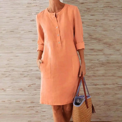 Casual Baumwoll-Leinen Kleid mit Chnöpf für Damen | Ideal für Frühling/Sommer