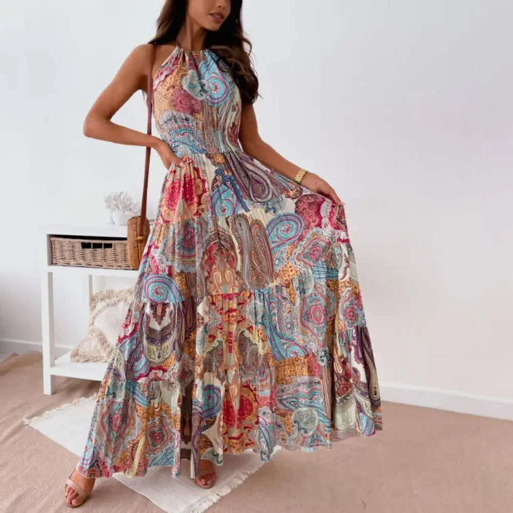 Chic Maxi-Kleid Mit Neckholder Und Multicolor Paisley-Muster Für Damen | Ideal für Frühling/Sommer