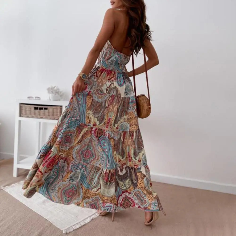 Chic Maxi-Kleid Mit Neckholder Und Multicolor Paisley-Muster Für Damen | Ideal für Frühling/Sommer