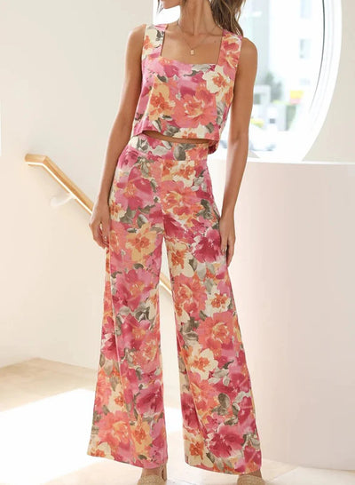 Bauchfreies Oberteil Mit Hoher Taille Hose Blumenmuster Zweiteiliges Set Für Damen | Perfekt für Casual Days