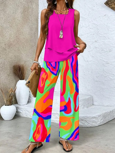 Chices Mehrfarbiges Print-Tanktop und Weitbein-Hose Zweiteiliges Set für Damen | Perfekt für alle Jahreszeiten
