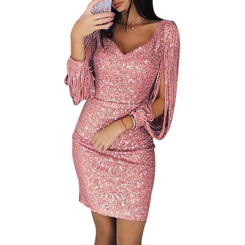 Glitzerkleid mit ausgeschnittenen Ärmeln